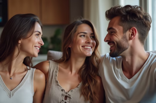 Drie mensen, twee vrouwen en één man, zitten samen, lachend en verbonden, symboliserend biseksualiteit, openheid en liefde zonder grenzen van geslacht.