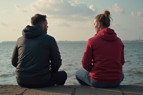 Man en vrouw zitten samen aan de zee. LGBTQ Gemeenschap