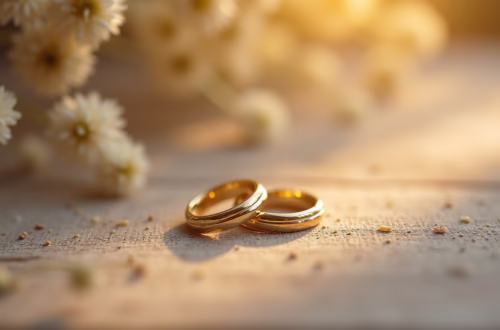 Twee gouden trouwringen op een lichte houten of linnen ondergrond, zacht verlicht, symboliserend monogamie, verbinding en liefde.