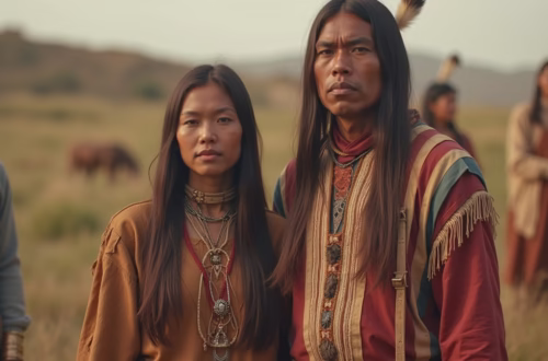 Historische foto van een inheems Noord-Amerikaans koppel, een man en een vrouw, die hun traditionele kleding dragen en een verbondenheid binnen hun gemeenschap tonen.